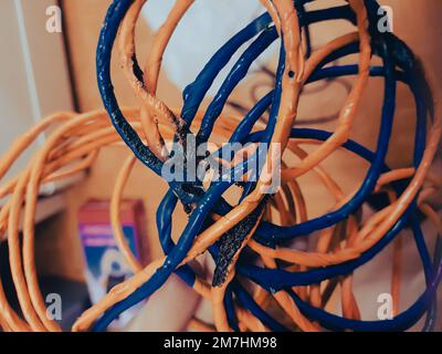 close up. old and damaged computer wires Stock Photo