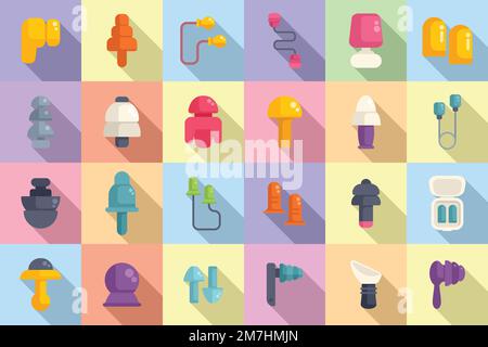 Earplugs icons set flat vector. Care device. Ear protection Stock Vector