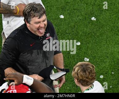 Inglewood, United States. 09th Jan, 2023. Georgia head coach Kirby Smart celebrates after the Bulldogs defeated the TCU Horned Frogs 65-7 in the 2023 NCAA College Football National Championship at SoFi Stadium in Inglewood, California, on Monday, January 9, 2023. Photo by Jon SooHoo/UPI Credit: UPI/Alamy Live News Stock Photo