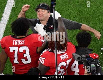 Inglewood, United States. 09th Jan, 2023. Georgia head coach Kirby Smart celebrates after the Bulldogs defeated the TCU Horned Frogs 65-7 in the 2023 NCAA College Football National Championship at SoFi Stadium in Inglewood, California, on Monday, January 9, 2023. Photo by Jon SooHoo/UPI Credit: UPI/Alamy Live News Stock Photo