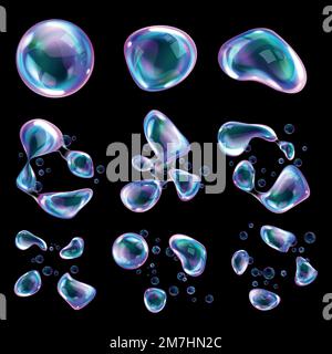 Bursting soap bubbles process stages, realistic transparent air spheres of rainbow colors with reflections and highlights deform and explode from blowing wind, vector illustrations isolated set Stock Vector