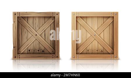 Wooden box closed by metal nails realistic vector illustration. New and aged wooden crate or cargo box for storage, transportation and delivery with postal symbols, isolated on white background Stock Vector