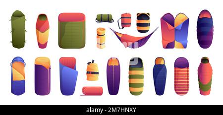 Camping sleeping bags. Tourist rolled bed on zipper with warm blanket cartoon flat style, travel mat compression outdoor camp equipment. Vector set of travel and hiking equipment illustration Stock Vector