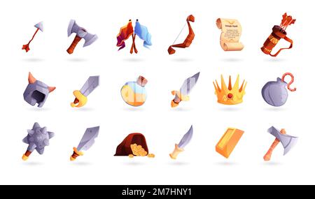 Fantasy game icons. Cartoon medieval weapon icons, gold coins treasure chest flag old papyrus magic potion bottle, flat asset for UI RPG. Vector illustration of game icon design Stock Vector