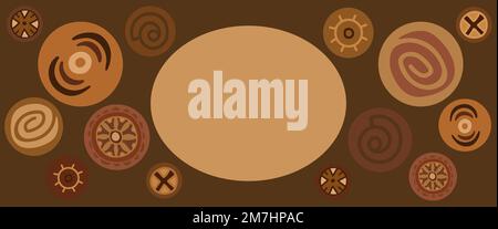 Text frame hand drawn template. Earth tone circles with folk and ethnic style design elements. Banner for web page.  Stock Vector