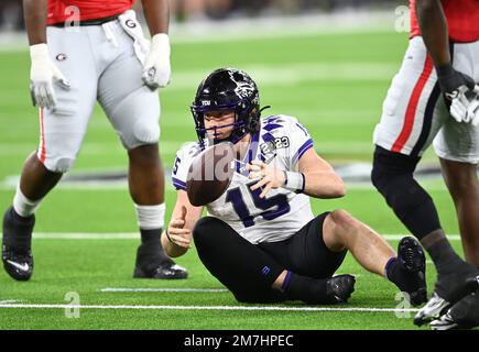 Inglewood, United States. 09th Jan, 2023. TCU Horned Frogs quarterback Max Duggan remains on the ground after being tackled during the second half the CFP National Championship game at SoFi Stadium in Inglewood, California, on Monday, January 9, 2023. Georgia defeated TCU 65-7. Photo by Mike Goulding/UPI Credit: UPI/Alamy Live News Stock Photo