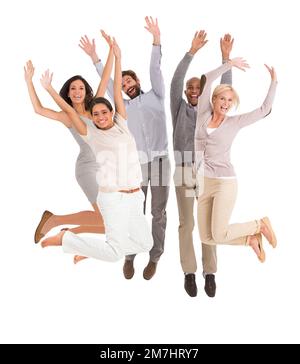 Hip-hip hooray Its payday. Studio portrait of a group of confident businesspeople jumping in the air. Stock Photo
