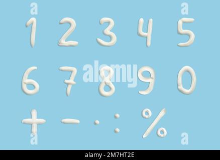numbers of the English alphabet in the form of squeezed cream in white on a blue background. Stock Photo
