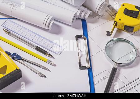 architect tools on blueprints Stock Photo