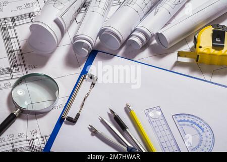 architect items on blueprints Stock Photo