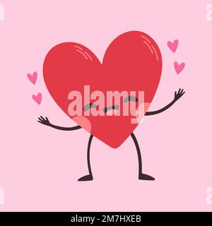 Cartoon heart character. Cute love symbol with face, hands and feet, emoji stickers emoticon vector Stock Vector