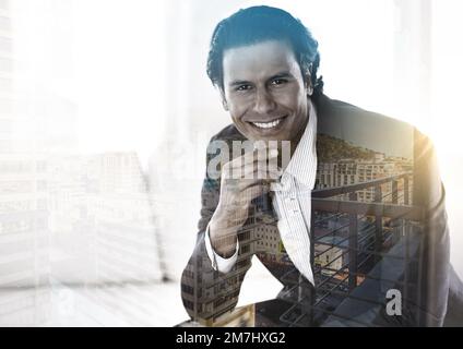 From the sofa to the city. Multiple exposure shot of a businessman superimposed against a city background. Stock Photo