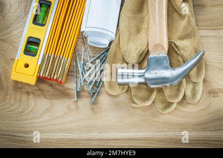 Claw hammer safety gloves engineering drawings on blue background ...