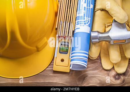 Claw hammer safety gloves engineering drawings on blue background ...