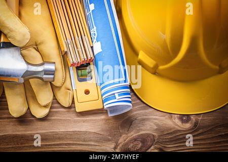 Claw hammer safety gloves engineering drawings on blue background ...