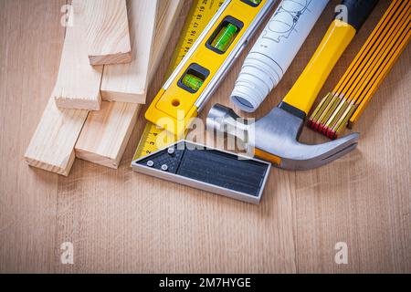 Group of house-improvement working tools on wooden board building and architecture concept. Stock Photo