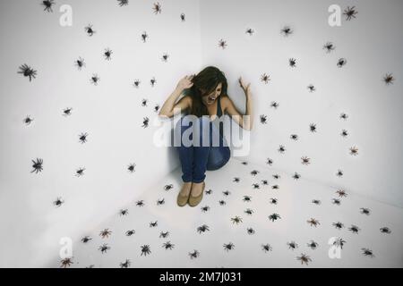 Arachnophobics worst nightmare come true. A young woman crouched in terror while surrounded by spiders. Stock Photo