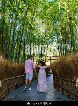 The couple visits a Bamboo forest in Chiang Mai Thailand, and a bamboo forest in a Japanese garden in Chiang Mai. A couple of Asian women and European men are in the Japanese garden. Couple mid-age Stock Photo