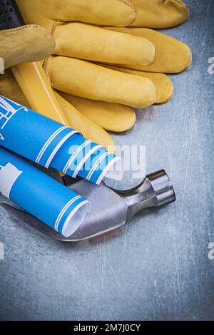 Blue engineering drawings claw hammer on metallic background ...