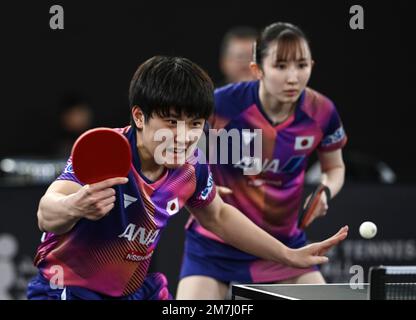 Doha, Qatar. 9th Jan, 2023. Harimoto Tomokazu (L)/Hayata Hina of Japan compete against Aidos Kenzhigulov/Zauresh Akasheva of Kazakhstan during the mixed doubles round of 16 match of World Table Tennis Championships (WTTC) Asian Continental Stage in Doha, Qatar, Jan. 9, 2023. Credit: Nikku/Xinhua/Alamy Live News Stock Photo