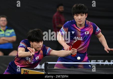 Doha, Qatar. 9th Jan, 2023. Harimoto Tomokazu/Shinozuka Hiroto (L) of Japan compete against Aidos Kenzhigulov/Iskender Kharki of Kazakhstan during the men's doubles round of 16 match of World Table Tennis Championships (WTTC) Asian Continental Stage in Doha, Qatar, Jan. 9, 2023. Credit: Nikku/Xinhua/Alamy Live News Stock Photo