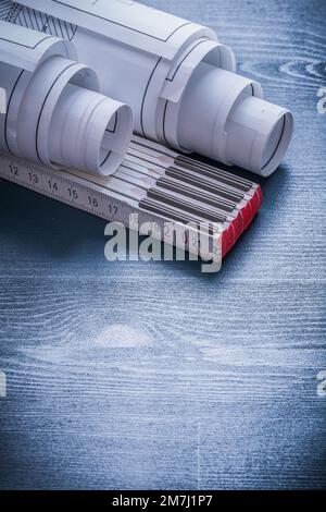 vertical view wooden meter rolled blueprints protective gloves Stock ...
