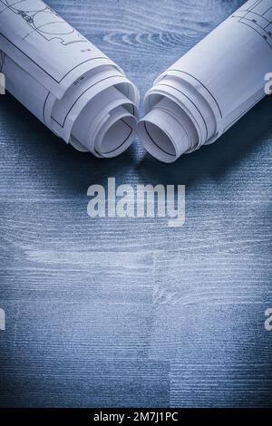 vertical view two rolls of blueprints on white wooden meter Stock Photo ...