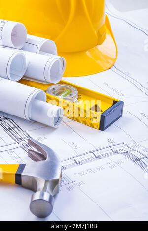 view on tools hammer blueprints level hardhat Stock Photo