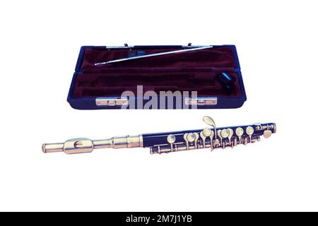 Piccolo flute with red case, close-up, isolated on a white background Stock Photo