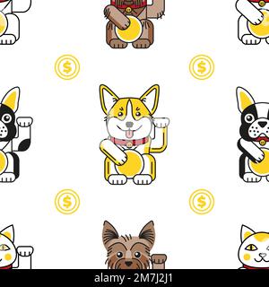 Lucky cat with bulldog, corgi, Yorkshire pattern Stock Vector