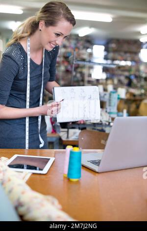 happy fashion designer showing a dress to her customer Stock Photo - Alamy