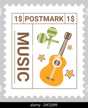 Mexican traditional musical instruments postmark Stock Vector