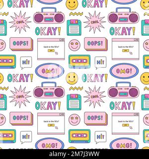 Bright seamless pattern with items from the nineties - retro cassette tape and music boombox, floppy disk, smile, speech bubbles and stars on white background. Nostalgia for the 1990s. Funny print. Stock Vector