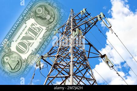 American dollar banknote on the background of a high-voltage power line. Electricity fee concept Stock Photo
