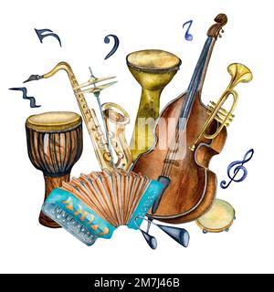 Composition of jazz musical instruments and signs watercolor illustration isolated. Accordion, djembe, trumpet, conga hand drawn. Design element for f Stock Photo