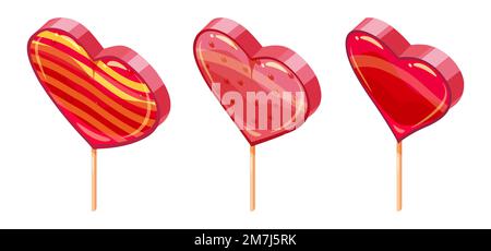 Set of Candy Sugar Heart Lollypops Isometric. Sweet food icon cartoon style Stock Vector