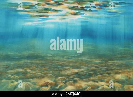 Sea underwater. Light rays on the blue watercolor background Stock Photo