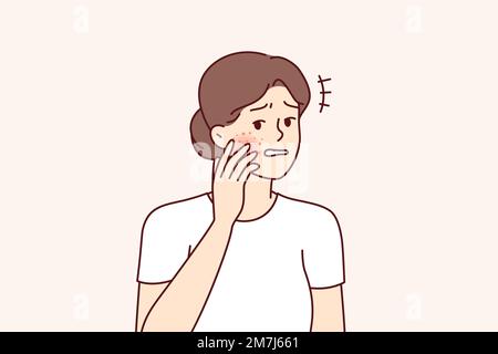 Unhappy woman gets frightened after seeing redness on face suffering from allergies. Perplexed girl with rash or pimples on skin experiencing anxiety and pain due to skin diseases. Flat vector design  Stock Vector