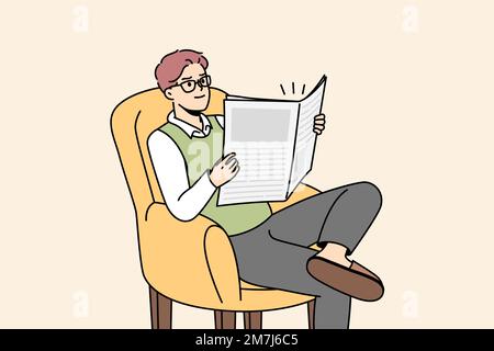 Young man in glasses sit on chair at home reading newspaper. Smiling male relax in armchair on weekend with magazine. Recreation and relaxation. Vector illustration.  Stock Vector
