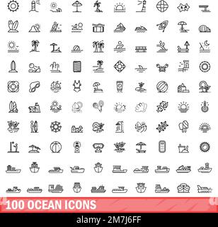 100 ocean icons set. Outline illustration of 100 ocean icons vector set isolated on white background Stock Vector