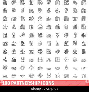 100 partnership icons set. Outline illustration of 100 partnership icons vector set isolated on white background Stock Vector