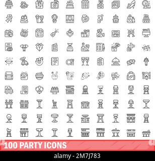 100 party icons set. Outline illustration of 100 party icons vector set isolated on white background Stock Vector