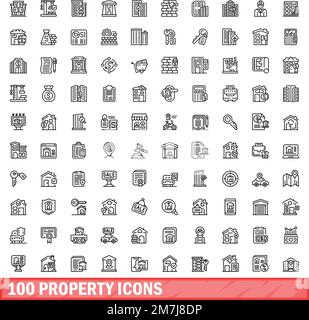 100 property icons set. Outline illustration of 100 property icons vector set isolated on white background Stock Vector