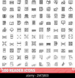 100 reader icons set. Outline illustration of 100 reader icons vector set isolated on white background Stock Vector