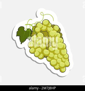 Bunch of grapes with leaves and tendrils in doodle style. Hand drawn cartoon icon with stroke. Cartoon vector sticker isolated on white background Stock Vector