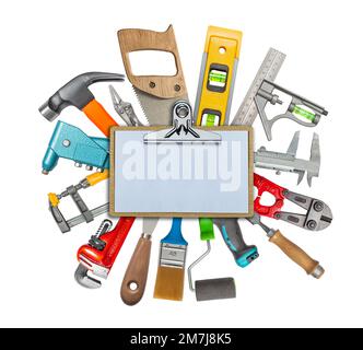 Set Of Various Construction Hand Working Tools Behind Clipboard With Copy Space Ssolated. DIY Hardware Store Equipment Stock Photo