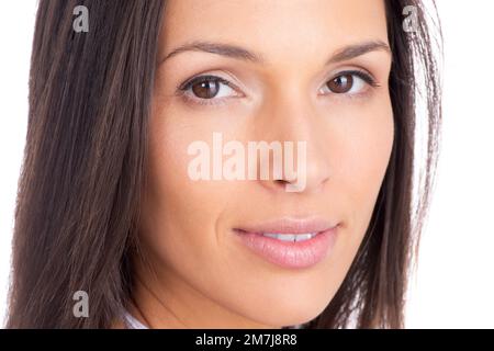 She follows a simple beauty regime. Closeup studio portrait of a beautiful woman with a radiant smile. Stock Photo