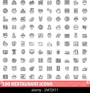 100 restaurant icons set. Outline illustration of 100 restaurant icons vector set isolated on white background Stock Vector