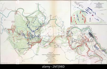 The old map of the battle of Chancellorsville and Fredericksburg on Atlas indicating the course of the war Stock Photo