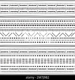 Prehistoric pottery Bell Beaker culture inspired seamless pattern with dots and lines set in black and white Stock Vector